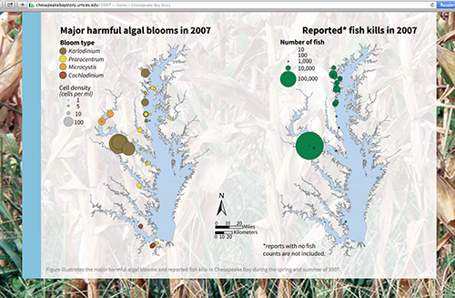 Sites of major harmful algal blooms and fish kill events reported in 2007.