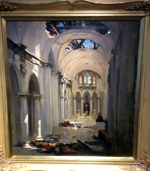 Arthur Streeton's watercolor painting of a French church in WW I called "Cathedral Interior" with a symbolic white dove flying in the church.