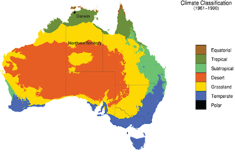 Map of Australia showing the major climate regions - the Northern Territory is the northern region in the middle of the map. Credit:Â http://www.metvis.com.au/gallery/index.htmlÂ (location labels added)