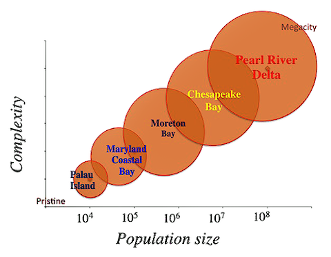 Fig.1. The relationship between population size between complexity among case studies.
