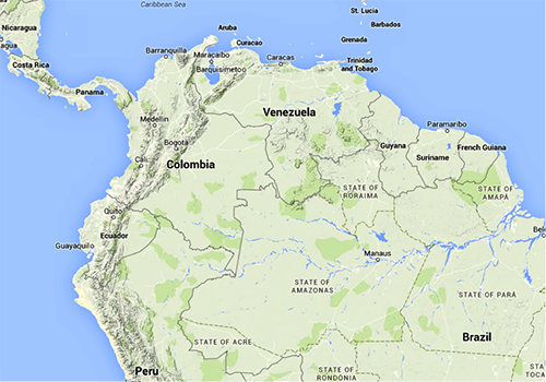 Map of Colombia showing its five neighboring countries and two coastlines.