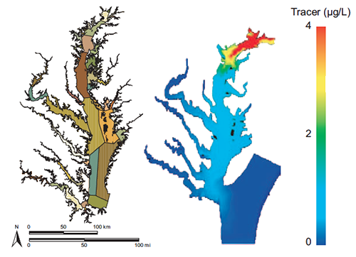 The 78 Chesapeake Bay segments used in the Estuarine Hydrodynamic and Water Quality Models (left) and tracer simulation model