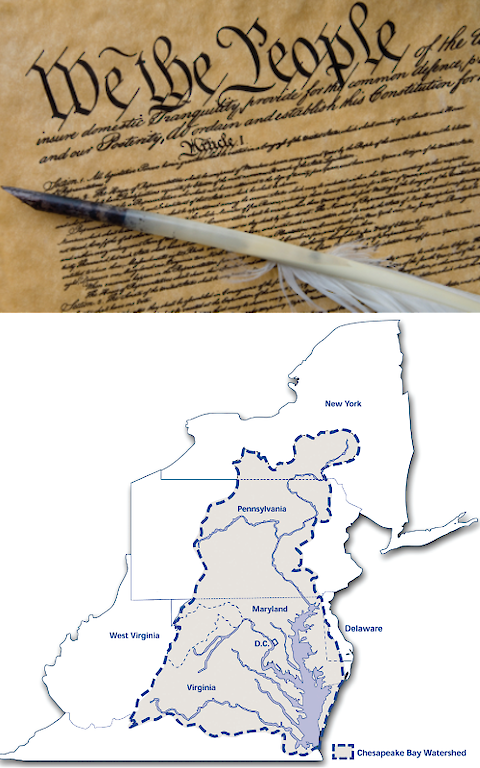 The US Constitution (top) and map of Chesapeake Bay Watershed (bottom). Images from Flickr and the Chesapeake Bay Watershed Agreement 2014.