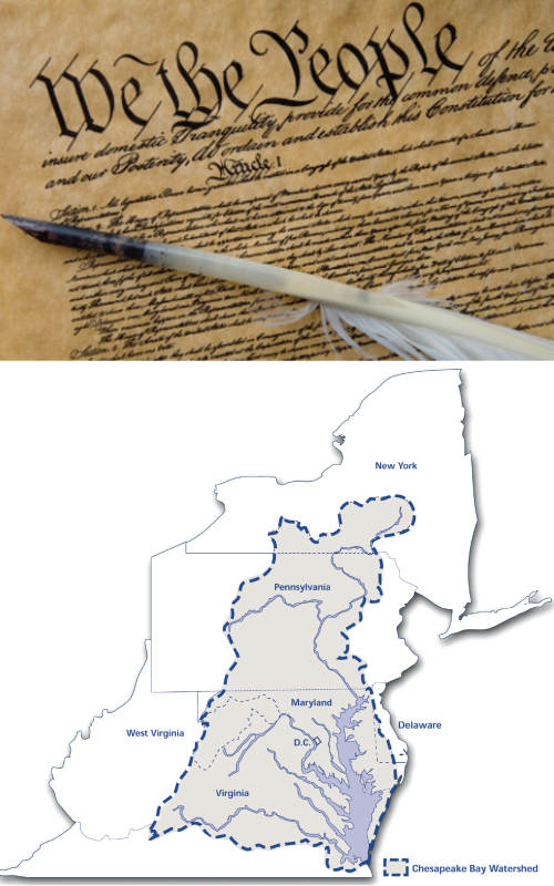 The US Constitution (top) and map of Chesapeake Bay Watershed (bottom). Image from Flickr and the Chesapeake Bay Watershed Agreement 2014.