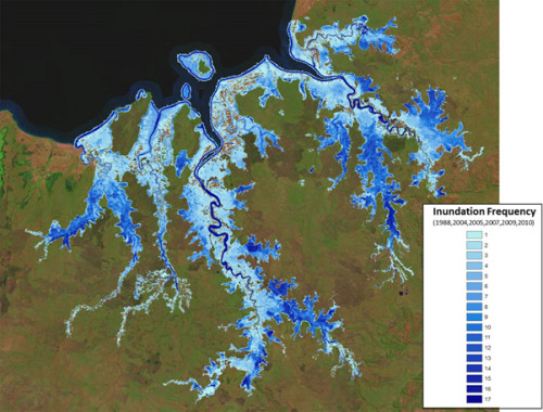 Frequency of inundation over six distinct years. Dark blue areas are more frequently flooded than lighter areas. Reproduced with permission: Stuart Bunn, Doug Ward, Brad Pusey, Tim Jardine, Michael Douglas, Erica Garcia, Peter Kyne, Peter Davies, Neil Pettit and Renee Bartolo. 2015. Tropical floodplain food webs connectivity and hotspots; Final report.