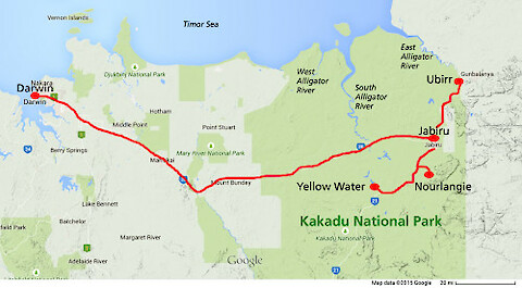 Route map to Kakadu National Park from Darwin. Credit: Google Maps