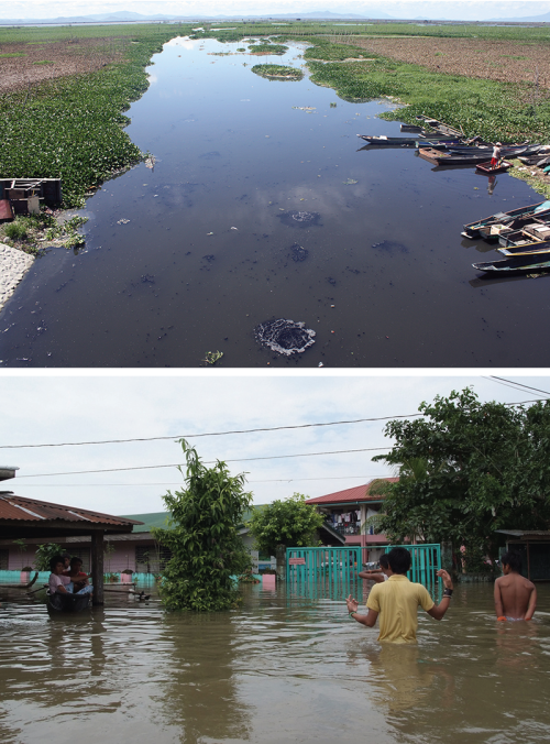 The water in the West Bay within Metro Manila is polluted and eutrophic (top), credit: Vanessa Vargas; Flooding occurs during typhoon (bottom), credit, Wikimedia commons