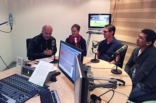 Simon, Sarah, and Saulo Usma (from WWF Colombia office) giving an interview at the Caracol radio station in Bogota.
