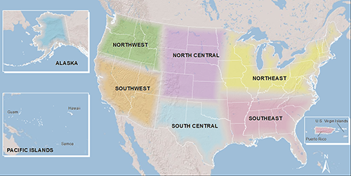 The eight climate science centers (CSCs) are located in eight regions across the United States. CSCs conduct research to determine the impacts of climate change on key natural and cultural resources in their region, and then provide scientific information and tools to resource managers as they plan for conserving resources in a changing world. Source: USGS.