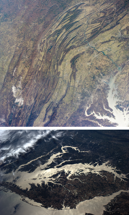 Ricky showed us a new perspective of the Appalachian mountain range (top) and the Chesapeake Bay (bottom), where many of us conduct our research. Photos by NASA.