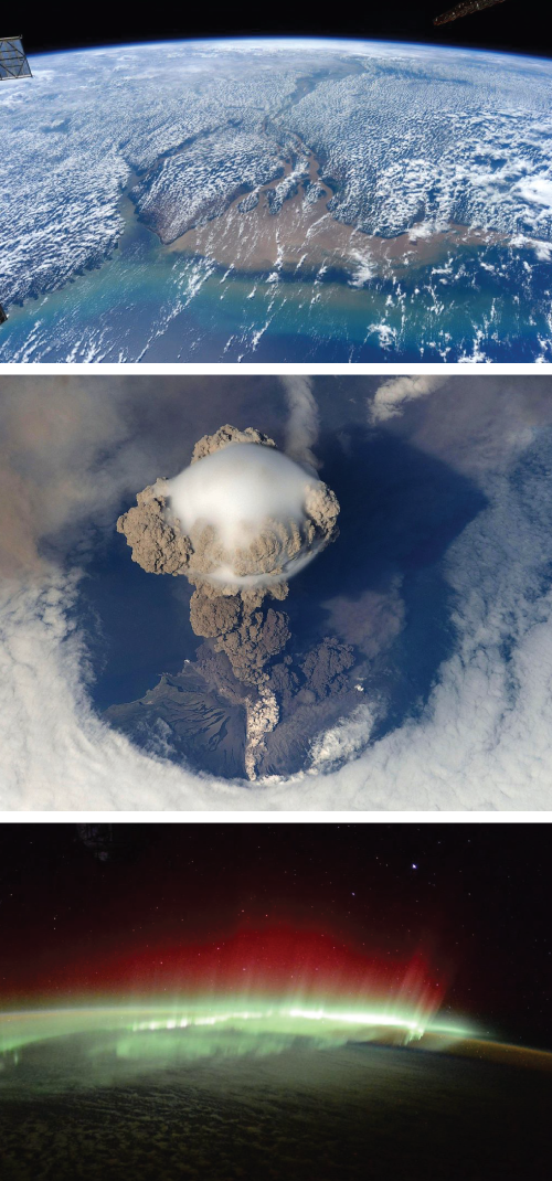 Top: The Amazon River delta, visible through clouds hovering above the rainforest canopy. Middle: The eruption of Sarychev Peak, a volcano on the Kuril Islands in the northwest Pacific Ocean. Bottom: The aurora light display. Photos by NASA.