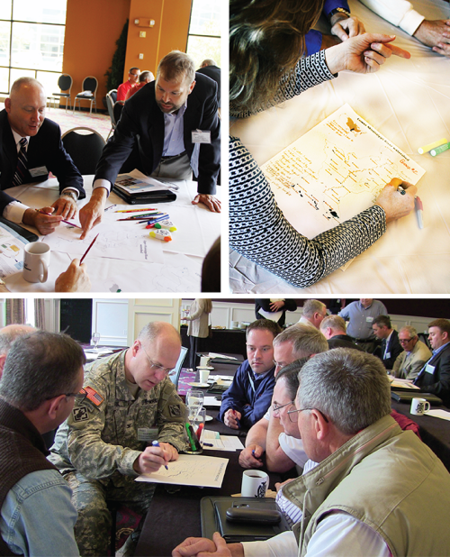 Stakeholders at the Mississippi River workshop participates in drawing a conceptual diagram. Facilitator from IAN (Dr. Heath Kelsey) leads the activity (top photo).