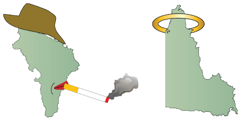 As a joke, we made a diagram of the Burdekin catchment map smoking a cigarette and wearing an akubra (iconic Australia hat) (left) and a diagram of the Cape York catchment with a halo (right) to emphasize the contrast in report card assessments between these reporting regions, in which the Burdekin region was the worst and Cape York was the best. 