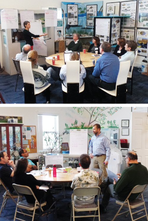 Top: Suzie Housley facilitates the habitat and benthic breakout session. Bottom: Heath Kelsey facilitates the fish and shellfish breakout session.