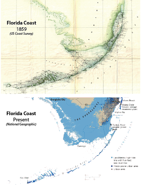 The present-day coastline of South Florida (USA) has changed little since 1859, but a 5-foot rise in sea level, which is expected around the beginning of the next century, will result in dramatic changes. Credit: Top: US Coast Survey and Bottom: National Geographic