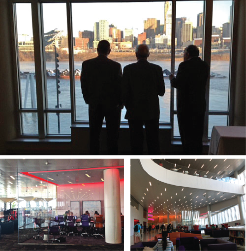Logistics are important part of Workshop preparations. Top - Workshop with a view of Ohio River; Bottom - Workshop in the “The Fishbowl” (left) glassed room of the James B. Hunt Jr. Library (right) on the North Carolina State University campus.