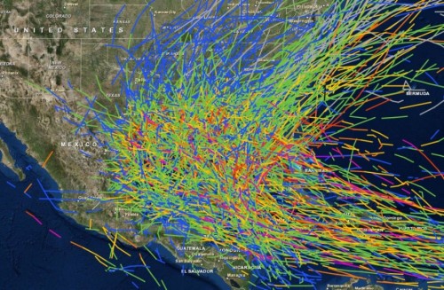 Paths and landfall points of major hurricanes and tropical storms in Texas since 1842. Credit: NOAA data/ESRI imaging from chron.com