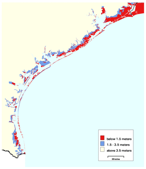 The coast of Texas is vulnerable to sea level rise. 