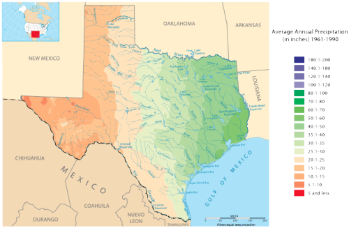 Average annual precipitation across Texas. Credit: Wikimedia Commons