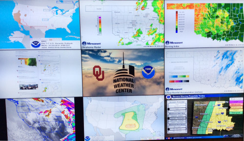 Weather wall at the National Weather Center.