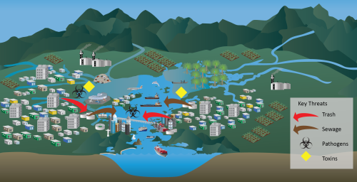 A conceptual diagram showing the values and threats in Guanabara Bay.