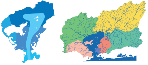 The five regions of the Bay (left) and six regions of the basin (right).