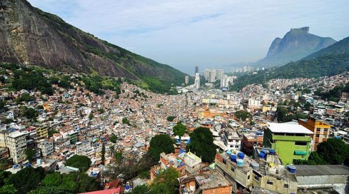 Rocinha. the largest favela (slums) in Brazil, is built on a steep hillside overlooking Rio de Janeiro.