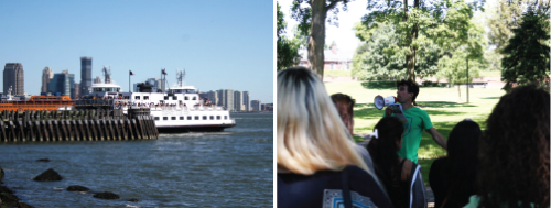 Photos of students arriving on the Governors Island Ferry and of Sam Janis going through the days plans in front of the admirals house credit: Dylan Taillie