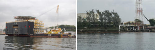 Large oil company operation (left), and recent oil spill orange booms (right).