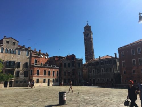 The Campanile of Santo Stefano in Venice leans due to the compaction of sediments and poor condition of wooden pilings under the tower. Photo: Brianne Walsh.