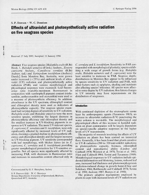 Effects of ultraviolet and photosynthetically active radiation on five seagrass species (Page 1)