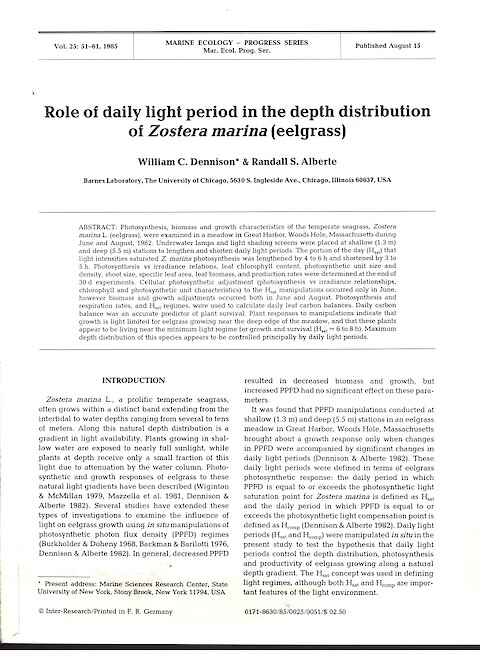 Role of Daily Light Period in the Depth Distribution of Zostera marina (Eelgrass) (Page 1)