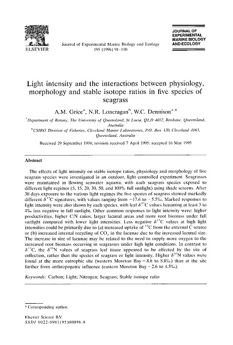 Light intensity and the interactions between physiology, morphology and stable isotope ratios in five species of seagrass (Page 1)