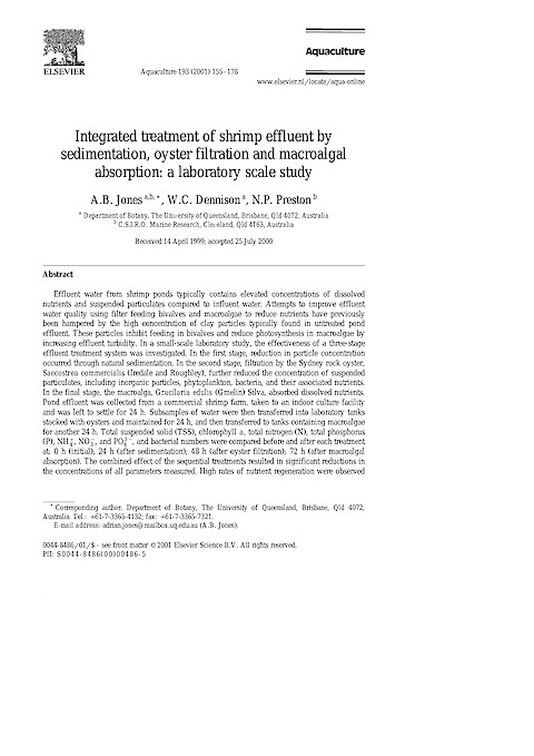 Integrated treatment of shrimp effluent by sedimentation, oyster filtration and macroalgal absorption: a laboratory scale study (Page 1)