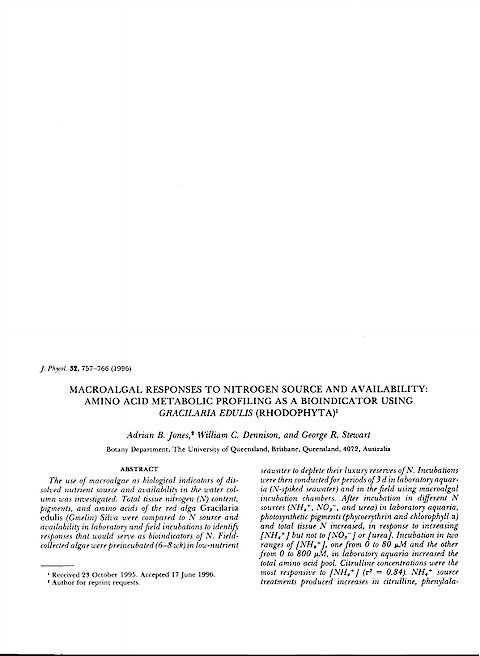 Macroalgal responses to nitrogen source and availability: Amino acid metabolic profiling as a bioindicator using Gracilaria edulis (Rhodophyta) (Page 1)