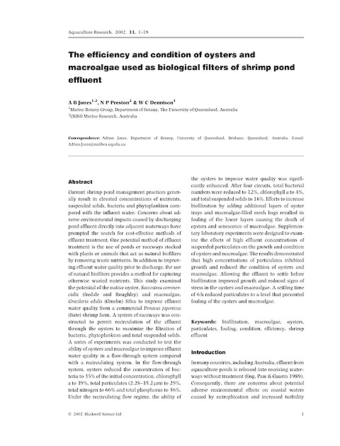 The efficiency and condition of oysters and macroalgae used as biological filters of shrimp pond effluent (Page 1)