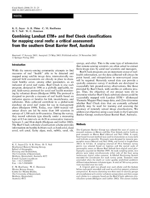 Combining Landsat ETM plus and Reef Check classifications for mapping coral reefs: A critical assessment from the southern Great Barrier Reef, Australia (Page 1)
