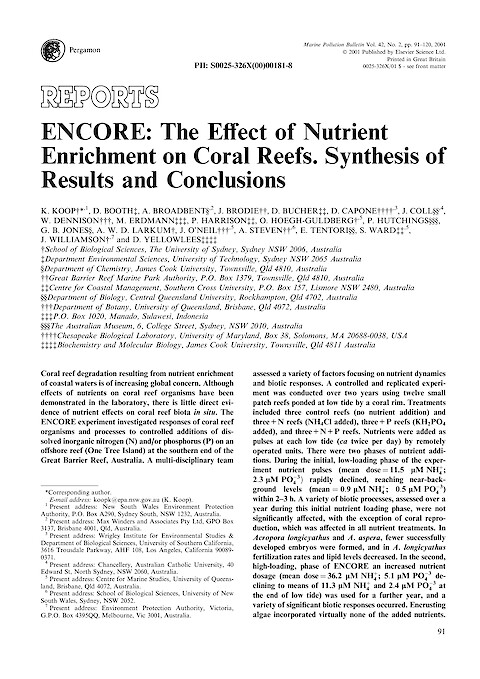 ENCORE: The effect of nutrient enrichment on coral reefs. Synthesis of results and conclusions (Page 1)