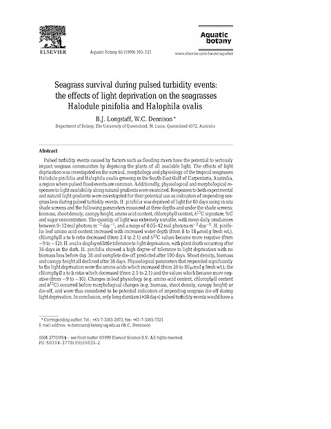Seagrass survival during pulsed turbidity events: the effects of light deprivation on the seagrasses Halodule pinifolia and Halophila ovalis (Page 1)