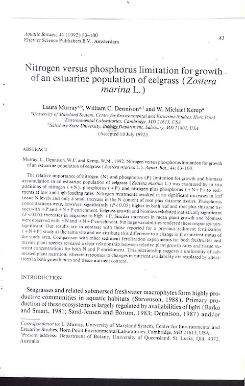 Nitrogen Versus Phosphorus Limitation for Growth of an Estuarine Population of Eelgrass (Zostera marina L) (Page 1)
