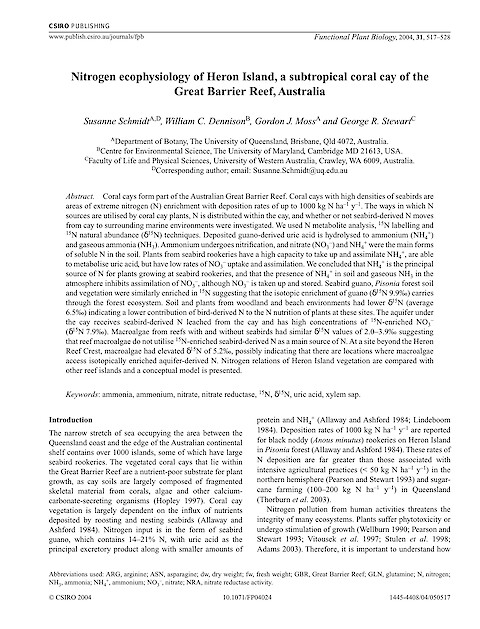 Nitrogen ecophysiology of Heron Island, a subtropical coral cay of the Great Barrier Reef, Australia (Page 1)