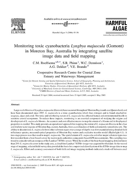 Monitoring toxic cyanobacteria Lyngbya majuscula (Gomont) in Moreton Bay, Australia by integrating satellite image data and field mapping (Page 1)
