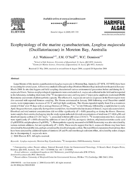 Ecophysiology of the marine cyanobacterium, Lyngbya majuscula (Oscillatoriaceae) in Moreton Bay, Australia (Page 1)