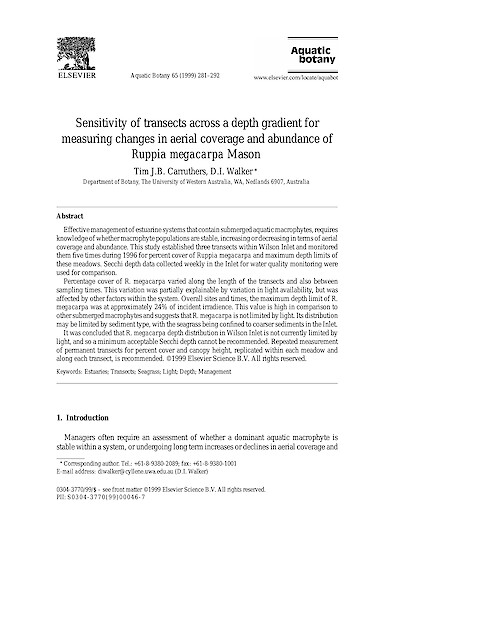 Sensitivity of transects across a depth gradient to measuring changes in aerial coverage and abundance of Ruppia megacarpa Mason (Page 1)