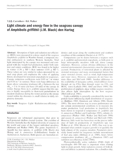 Light climate and energy flow in the seagrass canopy of Amphibolis griffithii (J.M. Black) den Hartog (Page 1)
