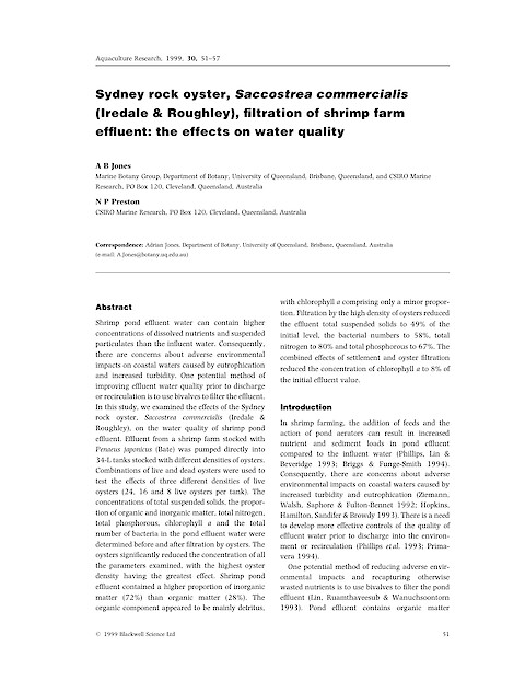 Sydney rock oyster, Saccostrea commercialis (Iredale & Roughley), filtration of shrimp farm effluent: the effects on water quality (Page 1)