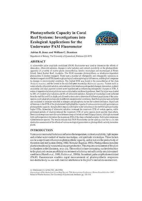 Photosynthetic capacity in coral reef systems: Investigations into ecological applications for the underwater PAM fluorometer (Page 1)
