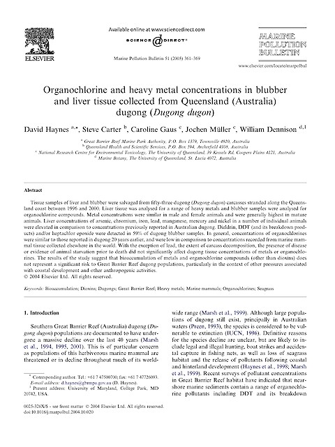 Organochlorine and heavy metal concentrations in blubber and liver tissue collected from Queensland (Australia) dugong (Dugong dugon) (Page 1)