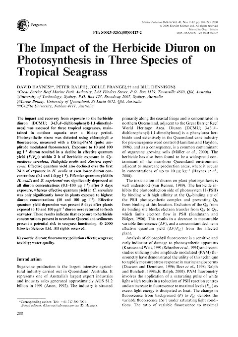 The impact of the herbicide diuron on photosynthesis in three species of tropical seagrass (Page 1)