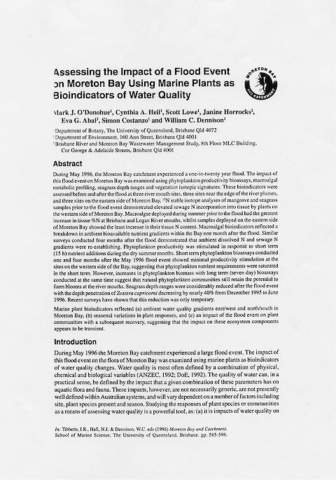 Assessing the impact of a flood event on Moreton Bay using marine plants as bioindicators of water quality (Page 1)